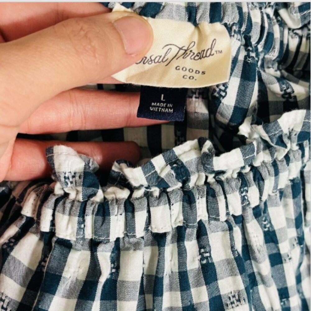 G00331 Universal Threads Blouse Teal White Gingham Ruffle Long Sleeve MEDIUM - Picture 8 of 10